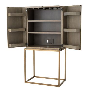 DeLaRenta Washed Oak & Brass Bar Cabinet